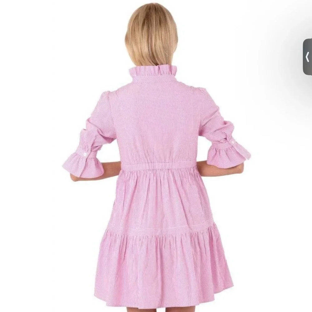 Gretchen Scott Pink Stripe Teardrop Dress Ruffle Tiered Preppy Coastal Small